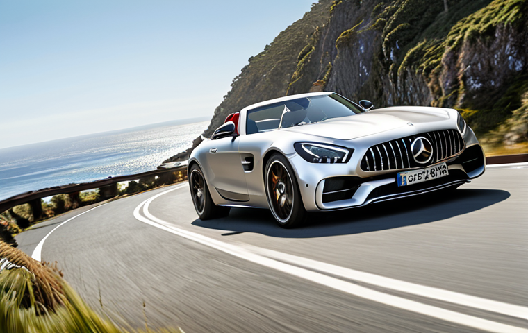 **Image Prompt:** Mercedes-Benz AMG GT Roadster speeding down a winding coastal road under a sunny sky. Top down, showcasing the luxurious interior and sporty exterior. Focus on the feeling of freedom and exhilaration.