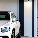 A sophisticated professional woman in modest business attire, standing calmly next to a sleek Mercedes-Benz GLC Hybrid SUV parked in a well-lit, modern private garage. She is gently connecting the charging cable from a minimalist home wallbox charger to the vehicle. The scene conveys a sense of ease and convenience during evening hours, with soft ambient light. The image features perfect anatomy, correct proportions, natural pose, well-formed hands, and proper finger count. It is a professional photograph, safe for work, appropriate content, fully clothed, and high quality.