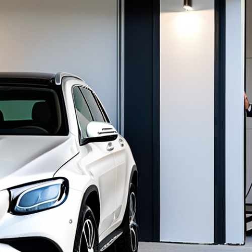 A sophisticated professional woman in modest business attire, standing calmly next to a sleek Mercedes-Benz GLC Hybrid SUV parked in a well-lit, modern private garage. She is gently connecting the charging cable from a minimalist home wallbox charger to the vehicle. The scene conveys a sense of ease and convenience during evening hours, with soft ambient light. The image features perfect anatomy, correct proportions, natural pose, well-formed hands, and proper finger count. It is a professional photograph, safe for work, appropriate content, fully clothed, and high quality.